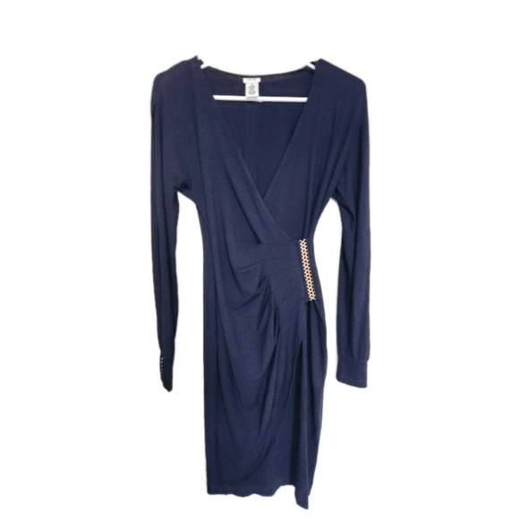 Cache Faux Wrap Long Sleeve Bodycon Dress Size XS Navy Blue - Picture 1 of 9